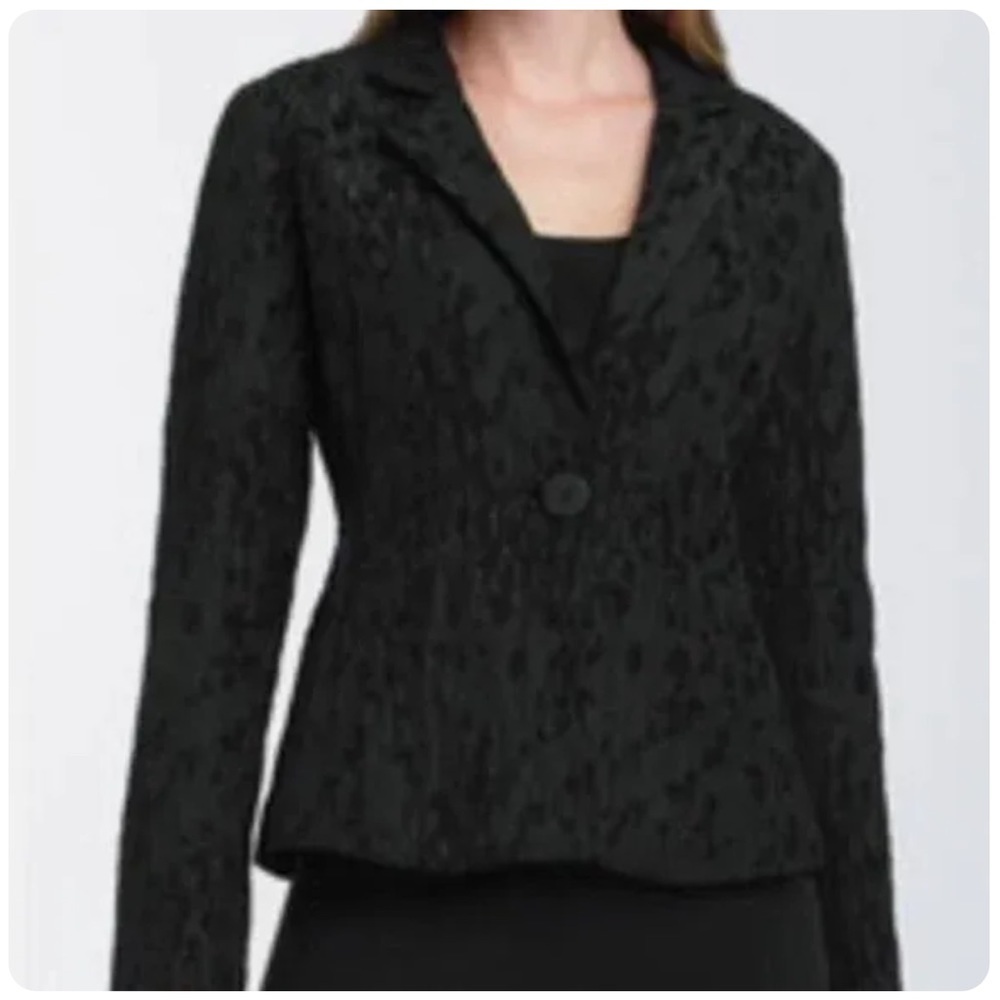 Eileen Fisher Women Black Chenille Water Lily Jacquard Texture Silk Blend Blazer